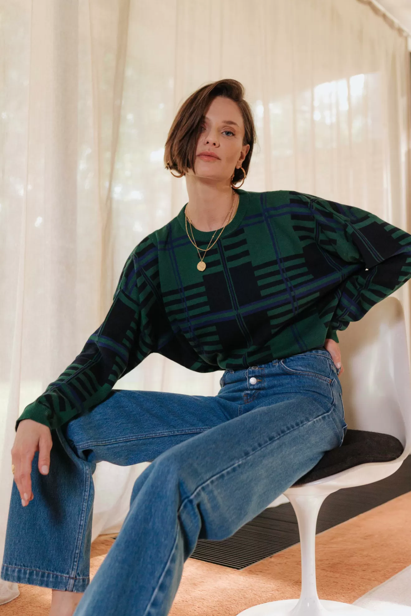 Pull Jane carreaux bleu et vert>Orta Clearance